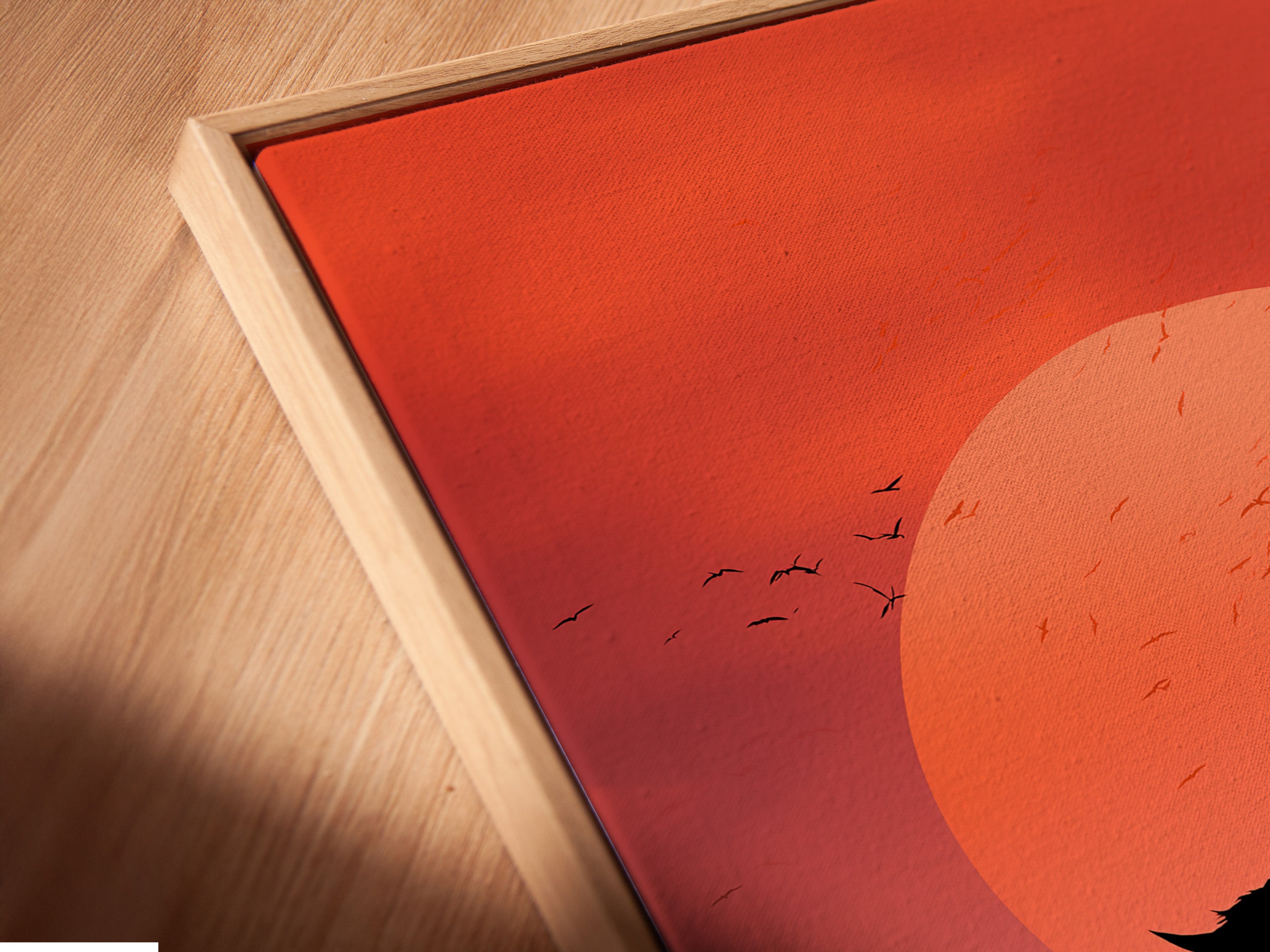 Close-up of Native American Warrior canvas art in a floating frame. This artwork features a horseback rider silhouette against a sunset. The floating frame adds a modern touch to this tribal wall art. Perfect for showcasing western art.