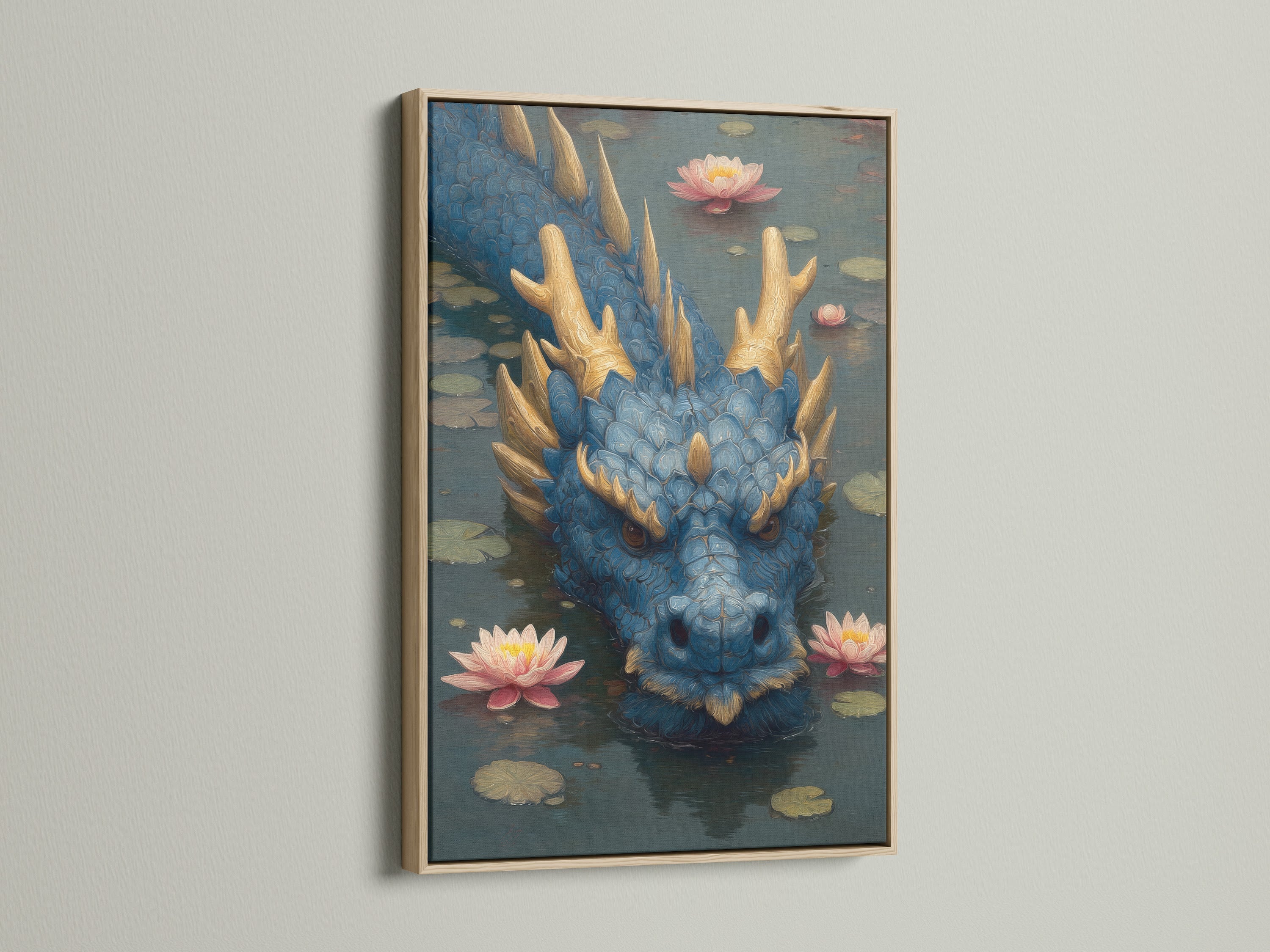 Framed art print in an oak frame hanging on a wall. The artwork depicts a blue dragon in a pond setting surrounded by pink lotus flowers. The oak frame adds a natural touch to the art. Elevate your home decor with framed artwork.