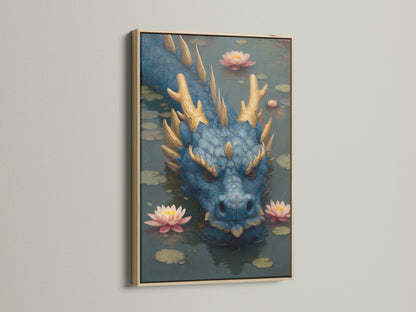 Framed art print in an oak frame hanging on a wall. The artwork depicts a blue dragon in a pond setting surrounded by pink lotus flowers. The oak frame adds a natural touch to the art. Elevate your home decor with framed artwork.