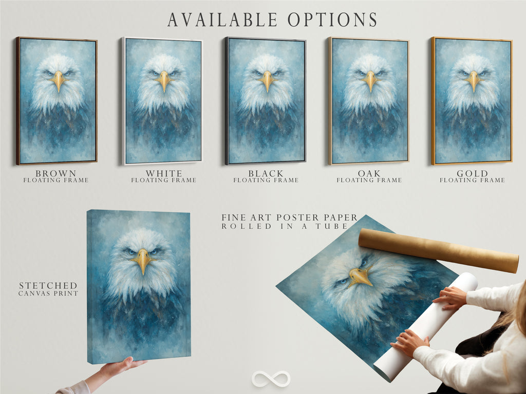 Explore available options for the eagle portrait. Choose between a stretched canvas print fine art poster or floating frame. Each option highlights the majestic bird's piercing blue eyes. Enhance your office or living room with this captivating wildlife art. It suits contemporary styles.