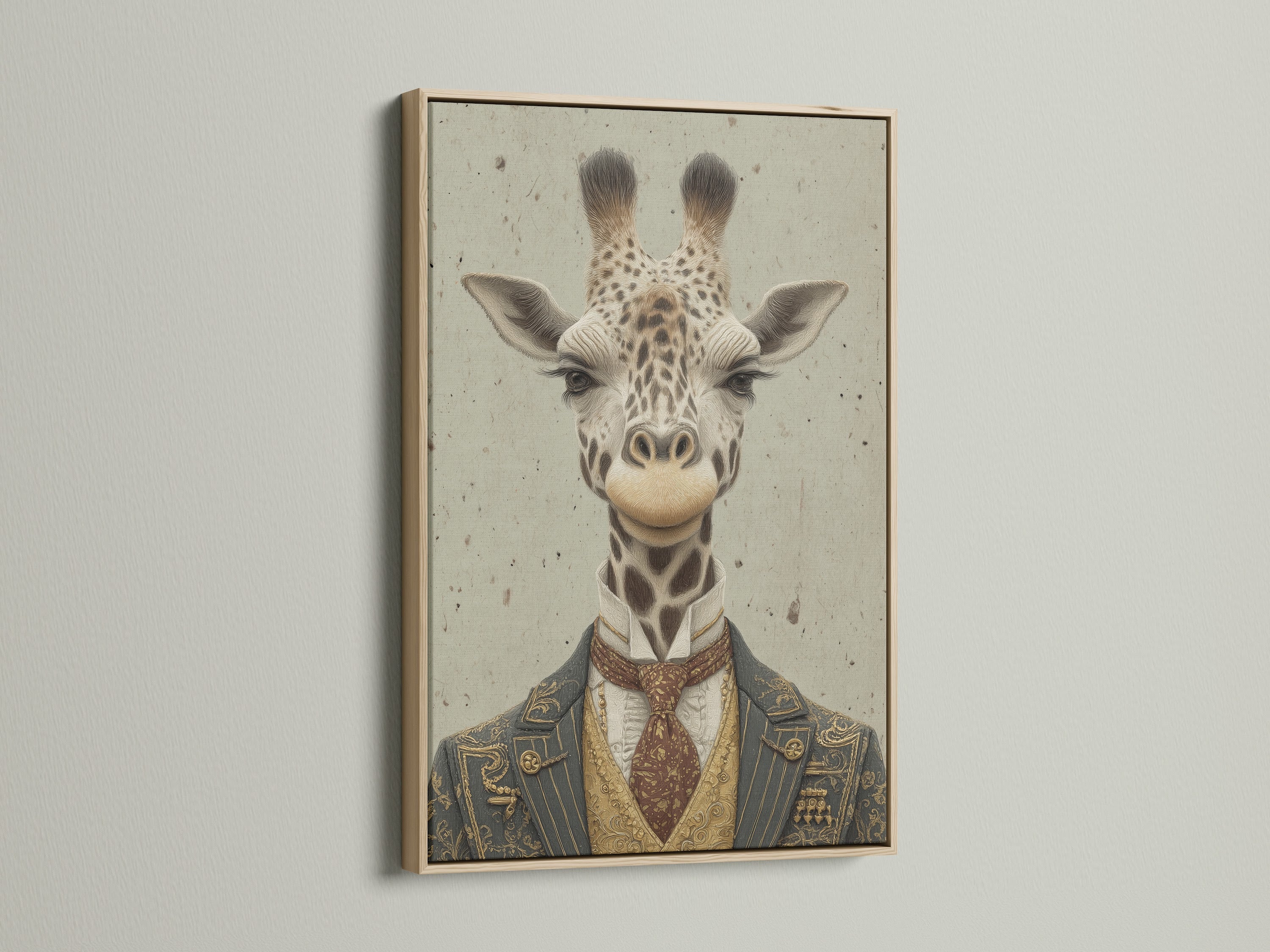 An oak frame displays a vintage gentleman giraffe portrait. This anthropomorphic art adds a touch of whimsy to any space. It is ideal for living room wall art or library decor. Explore the timeless appeal of safari wall decor.