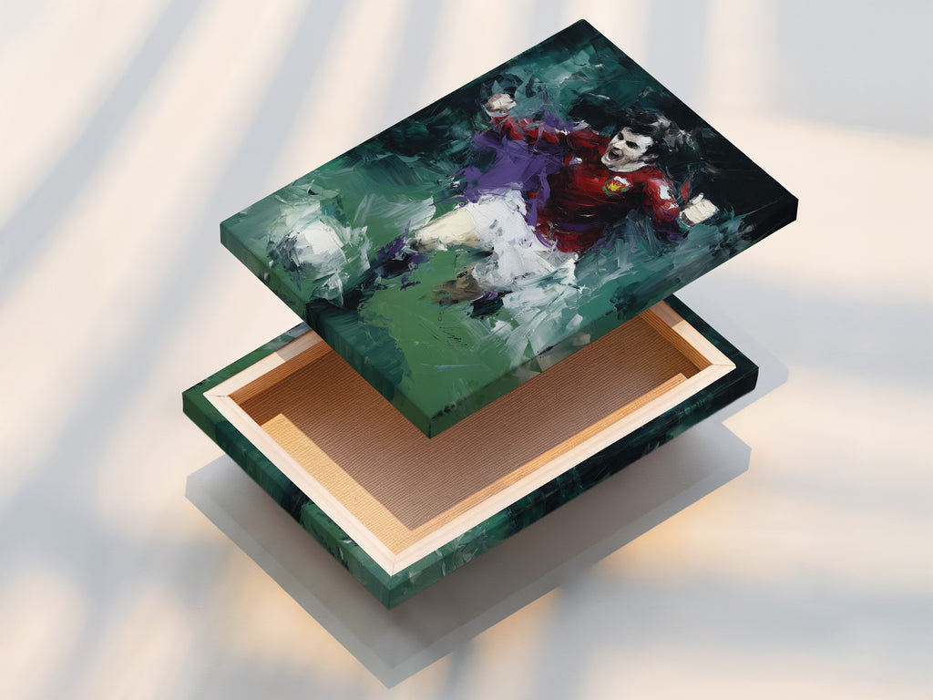 A stretched canvas print features soccer player art with an abstract sports theme. The artwork is a dynamic action painting. This sports wall art is perfect for minimalist Scandinavian or eclectic styles. It will enhance any room.