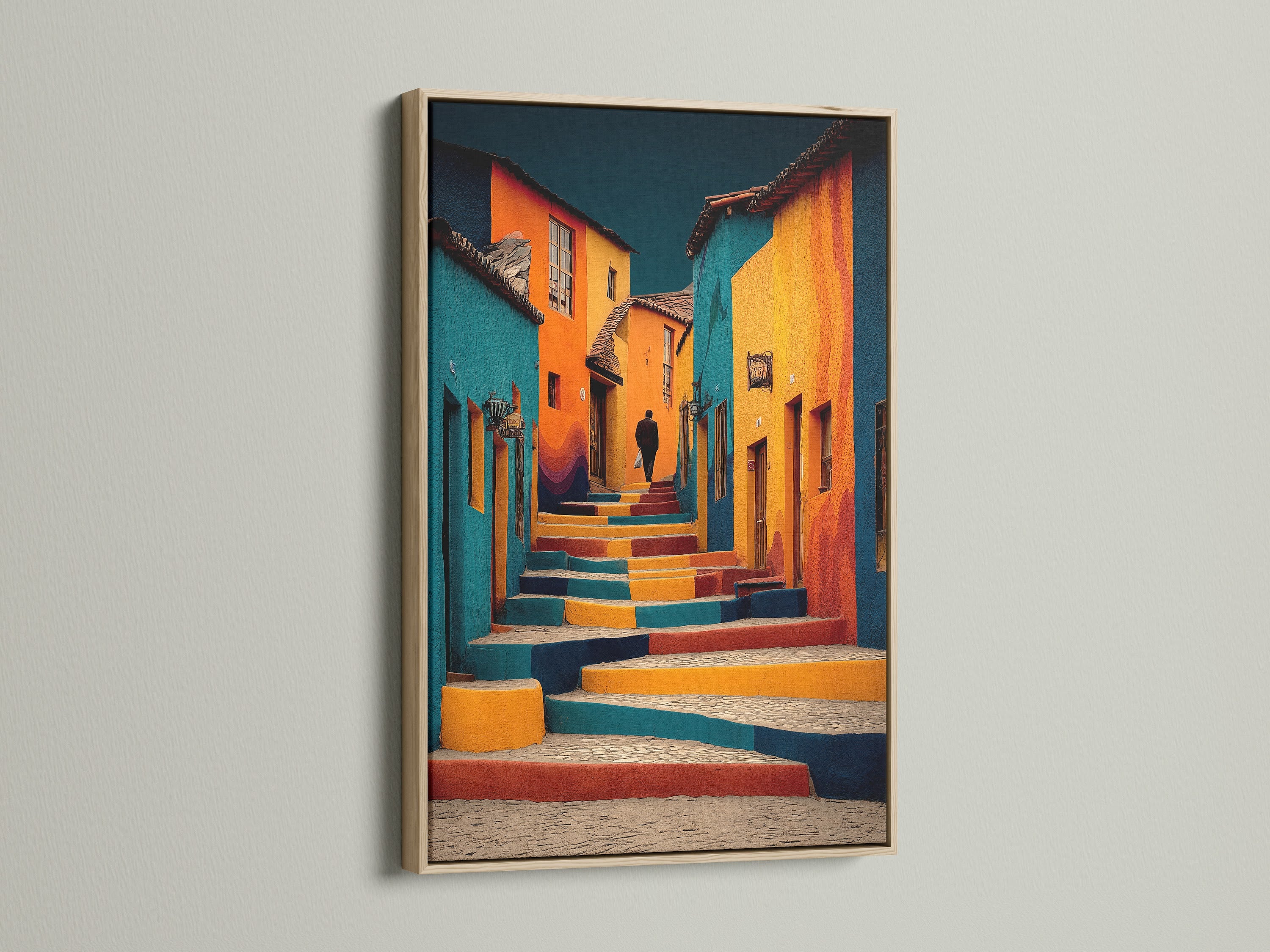 Artwork featuring a vibrant street scene is displayed in an oak frame. The frame enhances the artwork. This piece is perfect for adding a touch of color to your space. The oak frame offers a natural and sophisticated look.