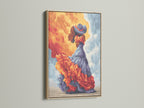 Flamenco dancer art print in an oak frame. The Spanish wall art adds a touch of bohemian decor. The orange and teal artwork creates a vibrant atmosphere. Perfect for adding artistic flair.