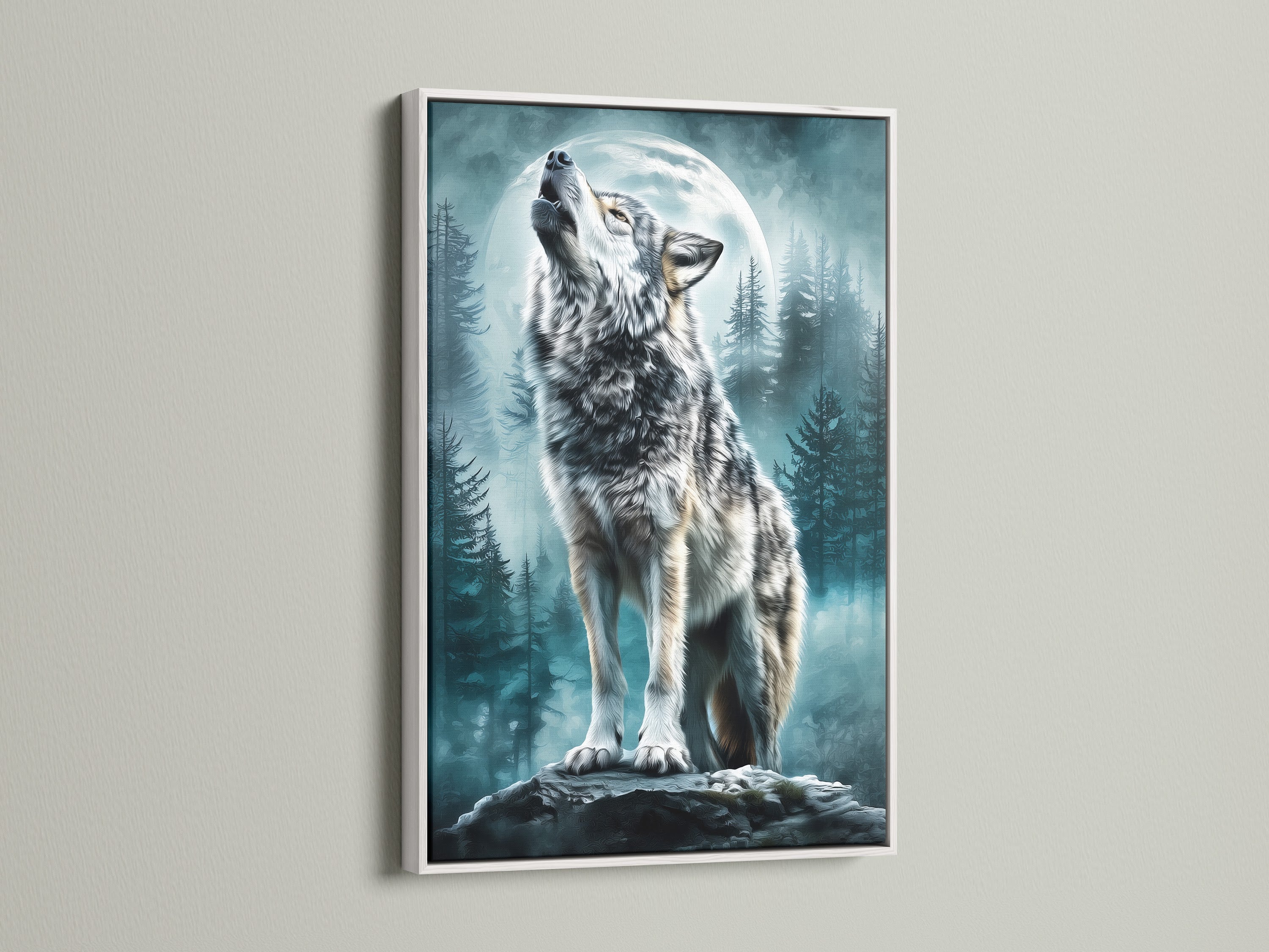 Showcase your artwork with a clean white frame. This frame provides a modern and fresh look. Check out the beautiful wolf art displayed. It brings a serene touch to any space. Browse our white frame options today.
