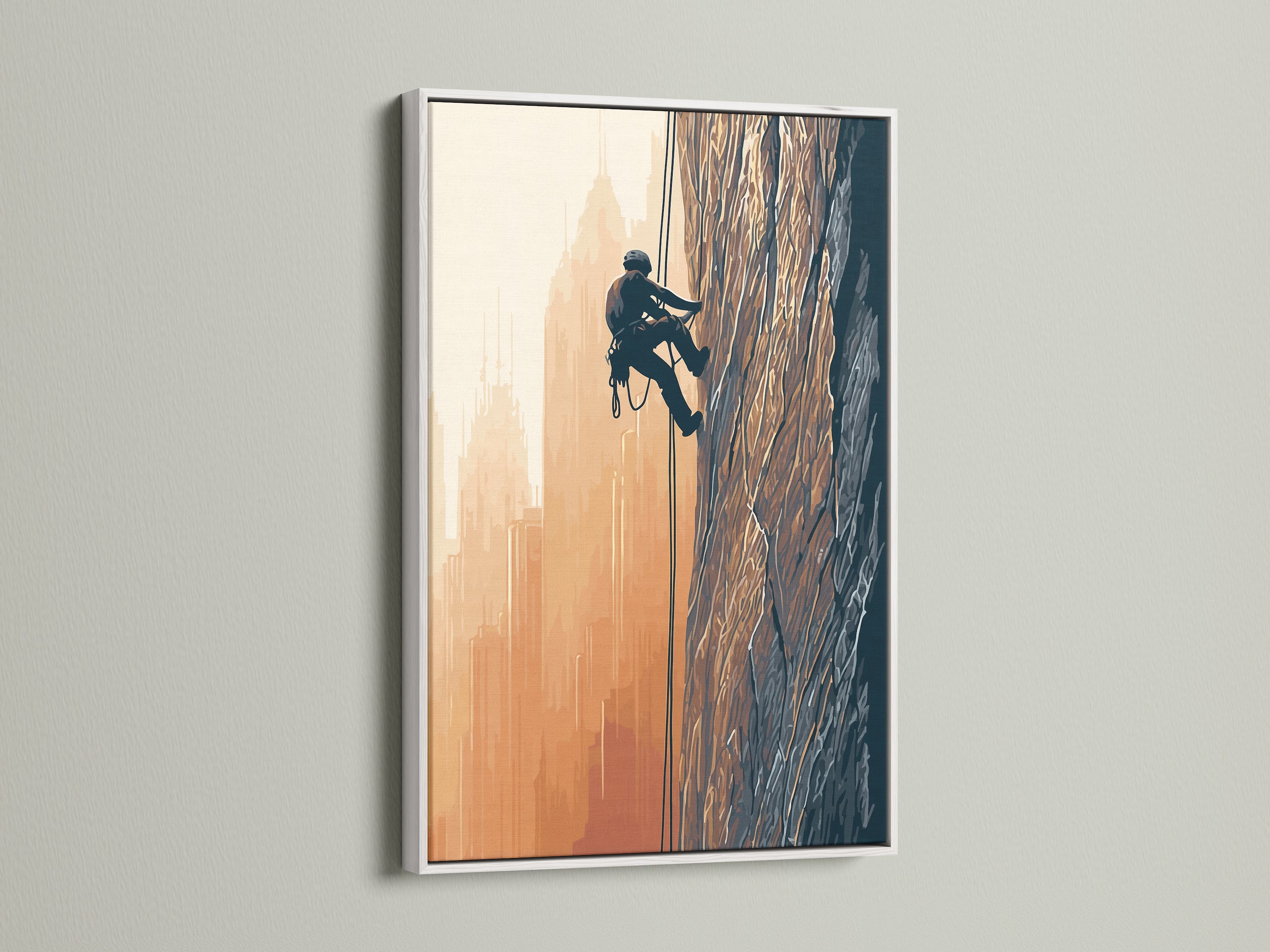 Rock climbing artwork with a white frame. The white frame enhances the climber artwork. It creates a clean look for any space. This mountainscape art is perfect for adventure decor.