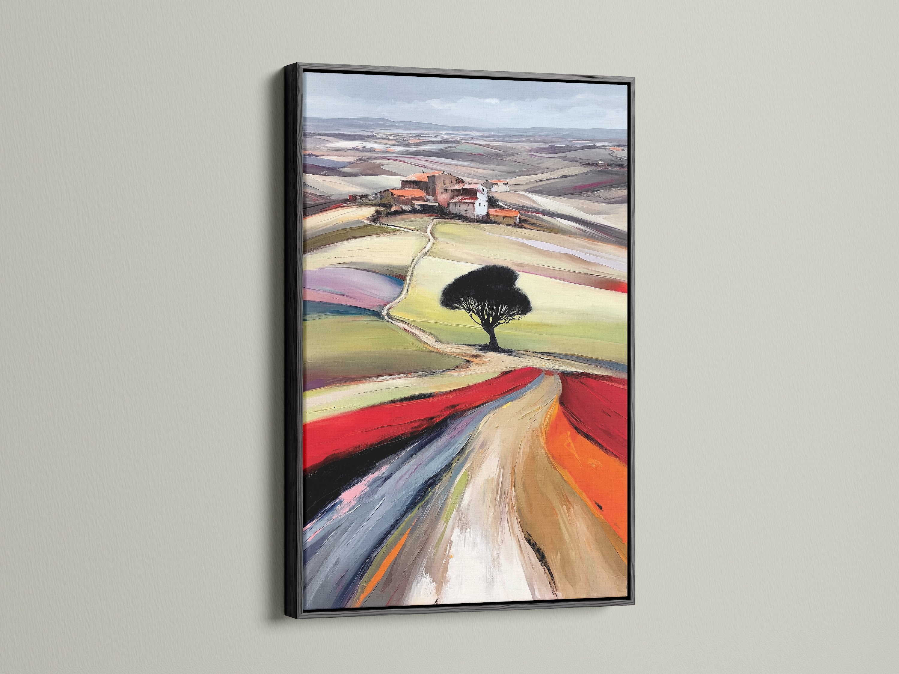 Tuscany Landscape artwork with a black frame. This European scenery is striking and modern. The black frame adds a bold touch to this scenic artwork. Ideal as living room wall art or dining room art. It is a statement piece.