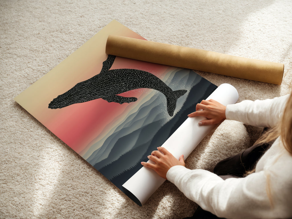 A woman is rolling a fine art poster paper. This paper is used for whale art and mountain prints. The nature canvas is perfect for creating landscape art. It can be used for minimalist art and bedroom decor.