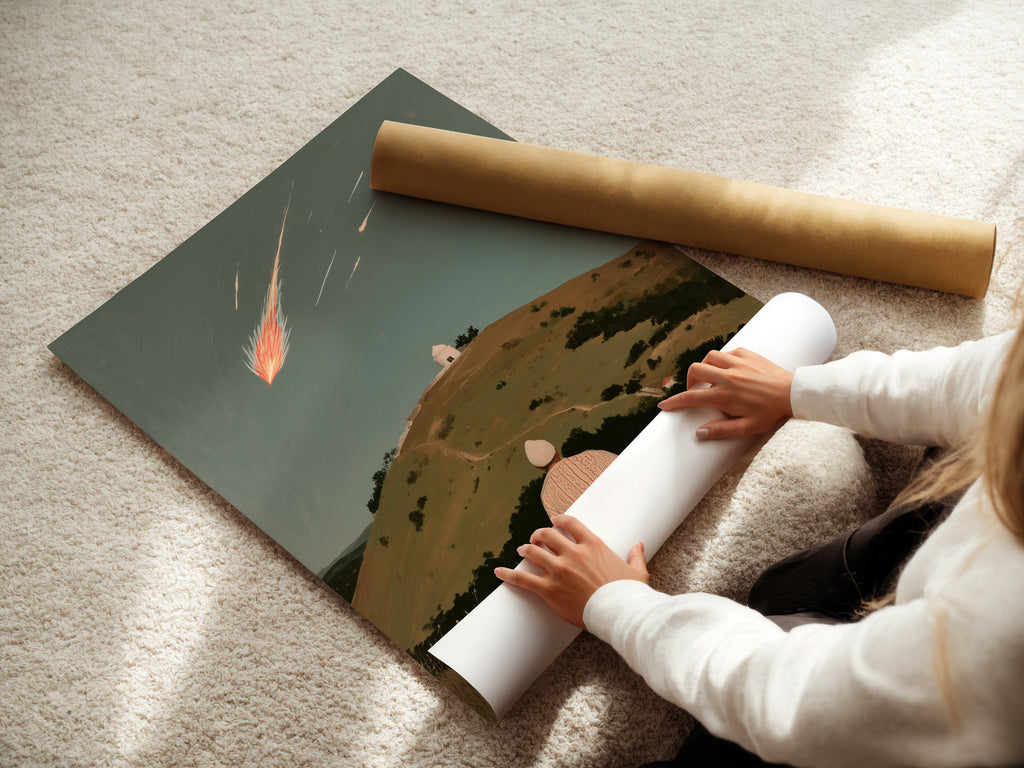 A woman is carefully rolling a fine art poster paper print of the Shooting Star artwork. This spiritual seeker wall art complements any space. Perfect zen decor for meditation rooms. Find serene wall art for minimalist or modern styles. Great as a celestial gift.
