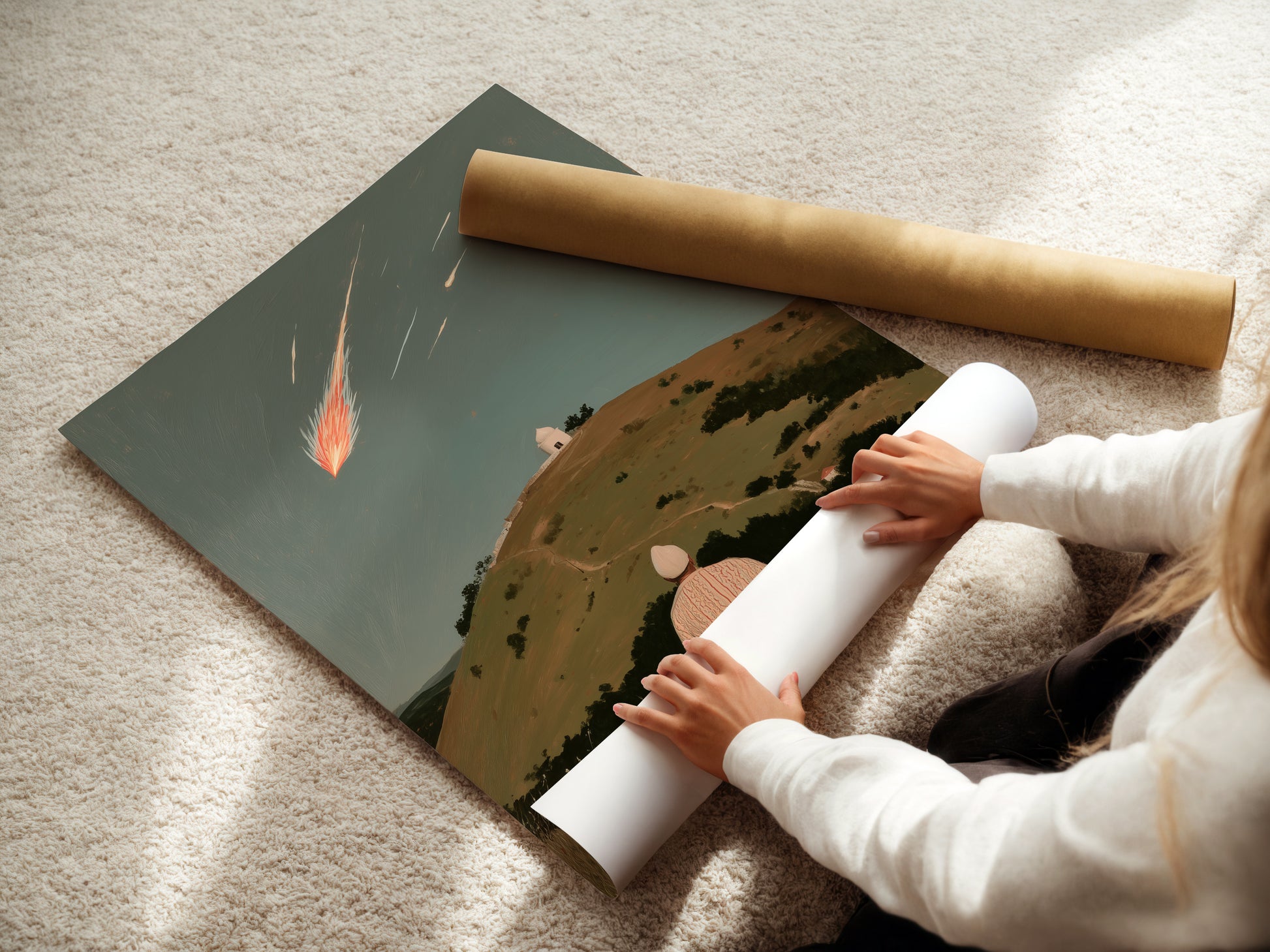 A woman is carefully rolling a fine art poster paper. The poster features a celestial artwork. This poster is perfect for those seeking spiritual landscape wall art. The artwork promises to elevate any meditation room or living space.
