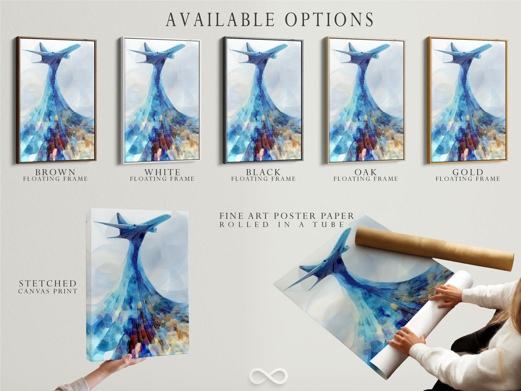 Available options include stretched canvas print fine art poster paper and floating frame. Choose your preferred format for the airplane art. Customize your aviation print to match your style. Modern wall art made easy.