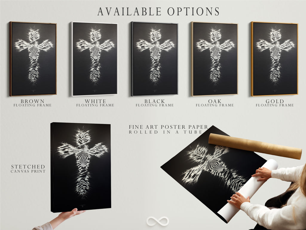 Available options for Christian Cross Wall Art are displayed. Choose from a stretched canvas print fine art poster paper or floating frame. The zebra pattern cross artwork adds a modern religious touch. Customize your art to match your style. Perfect for any space.