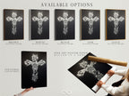Available options for Christian Cross Wall Art are displayed. Choose from a stretched canvas print fine art poster paper or floating frame. The zebra pattern cross artwork adds a modern religious touch. Customize your art to match your style. Perfect for any space.