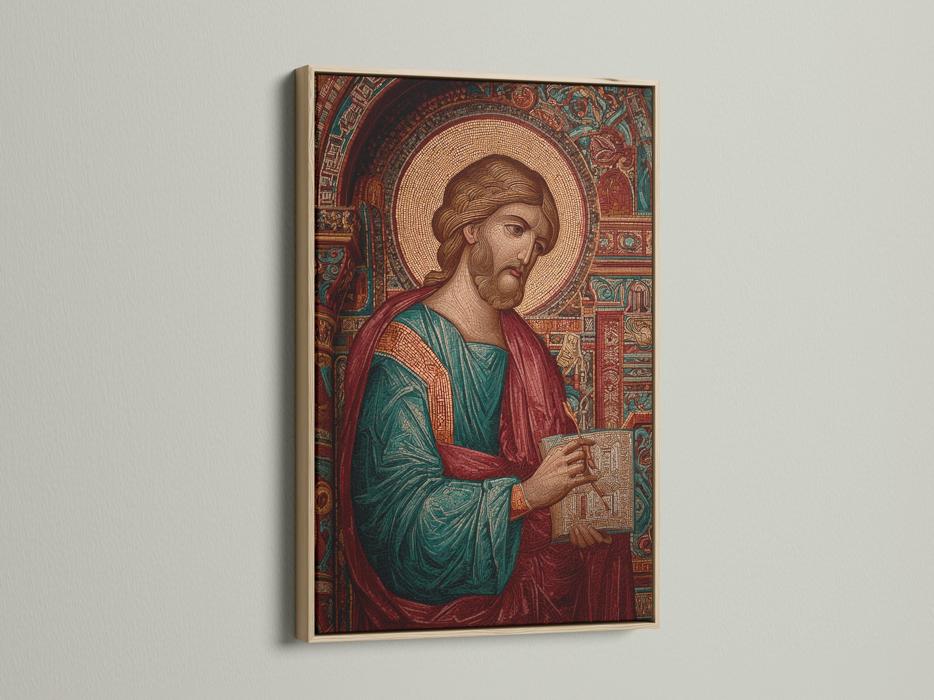 Artwork displayed in an oak frame on a white wall. The artwork features a mosaic-style depiction of a religious figure. Add a touch of sophistication to your home with framed art.