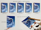 This photo displays the available options for the octopus art print. Choose from stretched canvas print fine art poster paper or floating frame. Tailor your artwork to match your personal style and decor. Each option enhances the beauty of the sea creature art. Personalize your coastal artwork today.