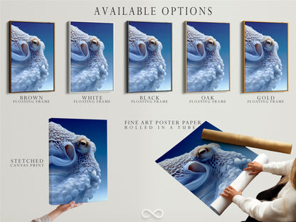 This photo displays the available options for the octopus art print. Choose from stretched canvas print fine art poster paper or floating frame. Tailor your artwork to match your personal style and decor. Each option enhances the beauty of the sea creature art. Personalize your coastal artwork today.
