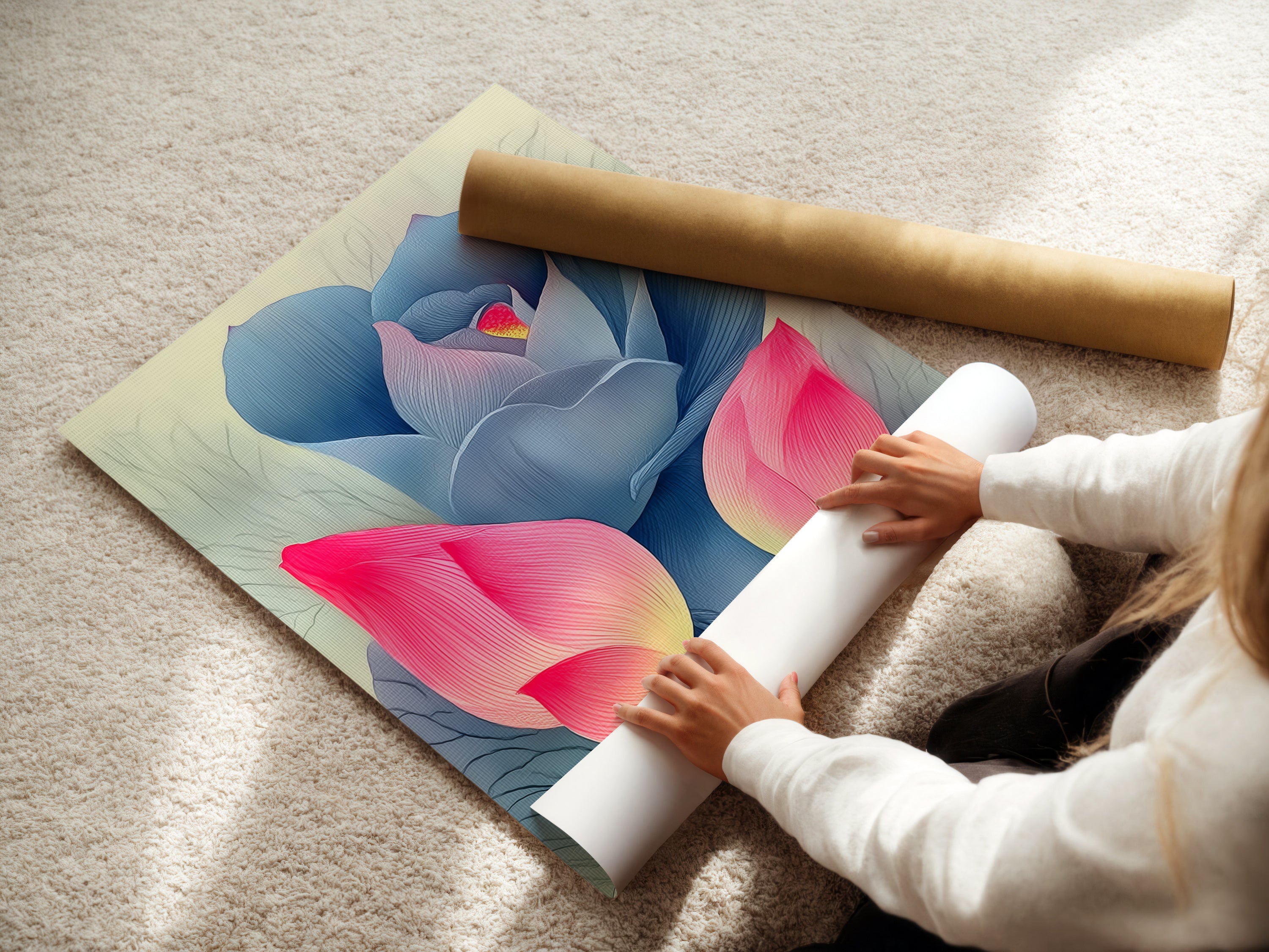 A woman is carefully rolling a fine art poster paper featuring a pink and blue lotus flower artwork. Our fine art posters offer exceptional detail and quality. Perfect for modern decor and serene wall art. Transform your space with our botanical prints.