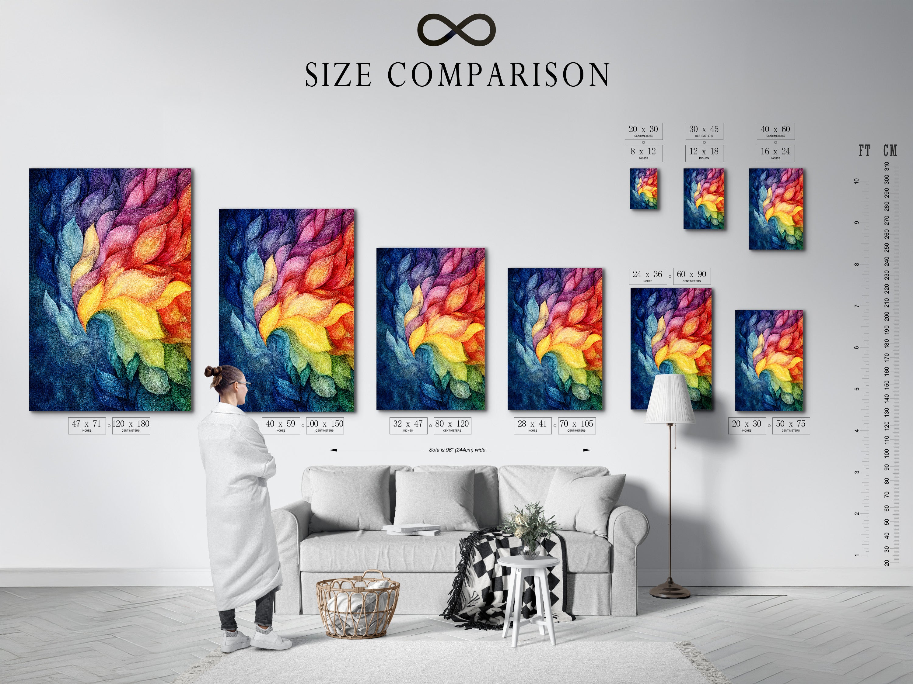 View our size comparison chart in an interior setting. See how different sizes fit your space. Plan your wall art arrangement with ease. Find the perfect size for your artwork. Maximize your wall decor with our helpful chart. Make informed decisions.
