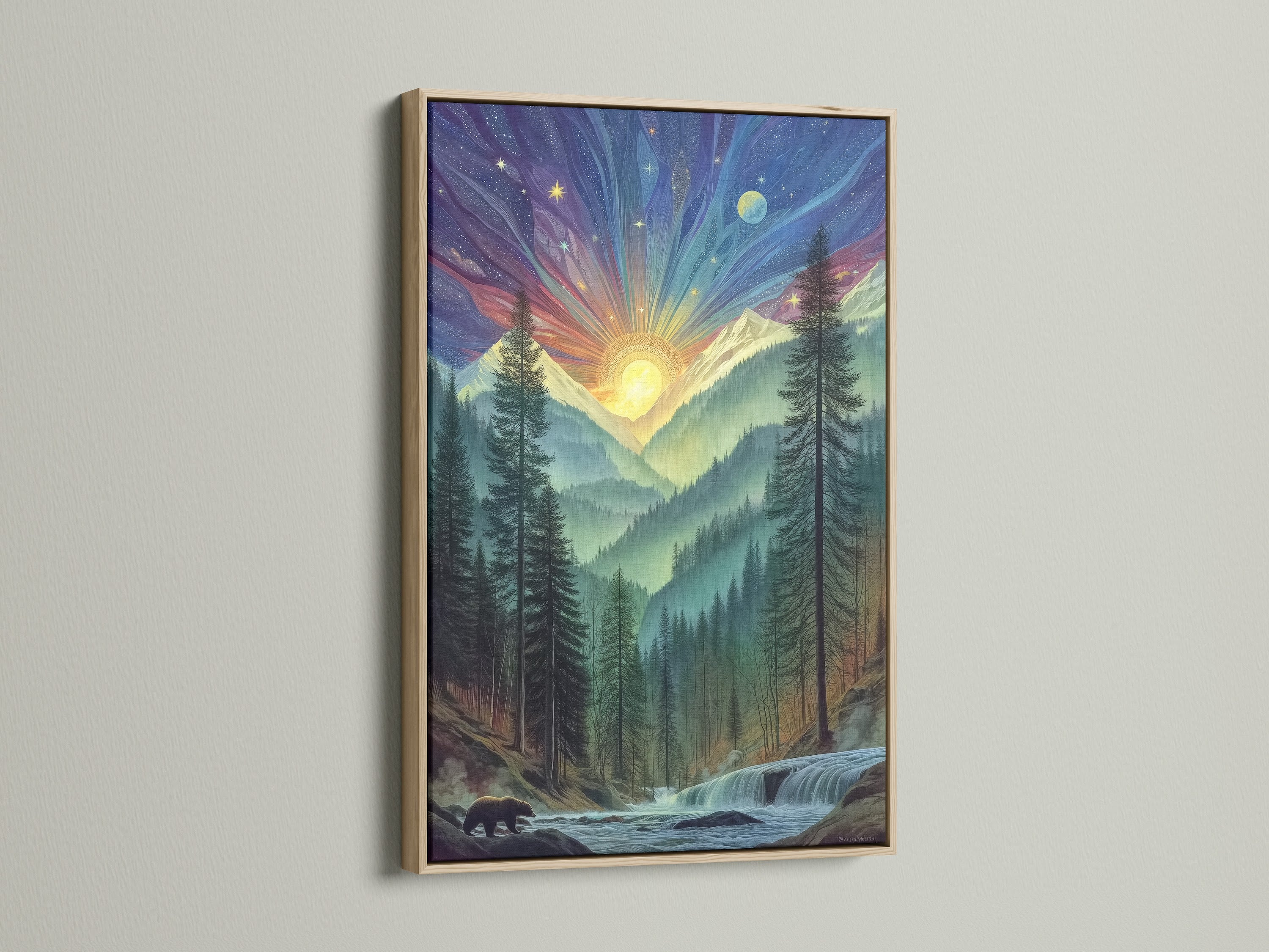 This mountain sunrise art features an oak frame. The mystical forest print showcases a cosmic landscape. A great choice for nature enthusiasts. Perfect for adding a touch of wilderness.