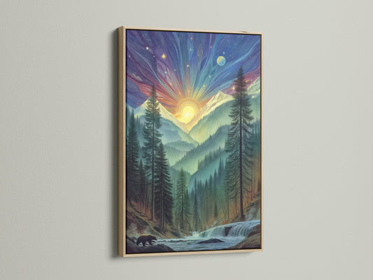This mountain sunrise art features an oak frame. The mystical forest print showcases a cosmic landscape. A great choice for nature enthusiasts. Perfect for adding a touch of wilderness.