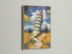 Capture the charm of Italy with a leaning tower artwork in an oak frame. This Italian architecture canvas print will elevate your home or office. Stretched canvas is ready to hang.