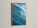 A surfer carves through a barrel wave in a gold frame. The gold frame gives the print a luxurious feel. Add a touch of elegance with this framed artwork. The gold frame enhances the ocean scene.