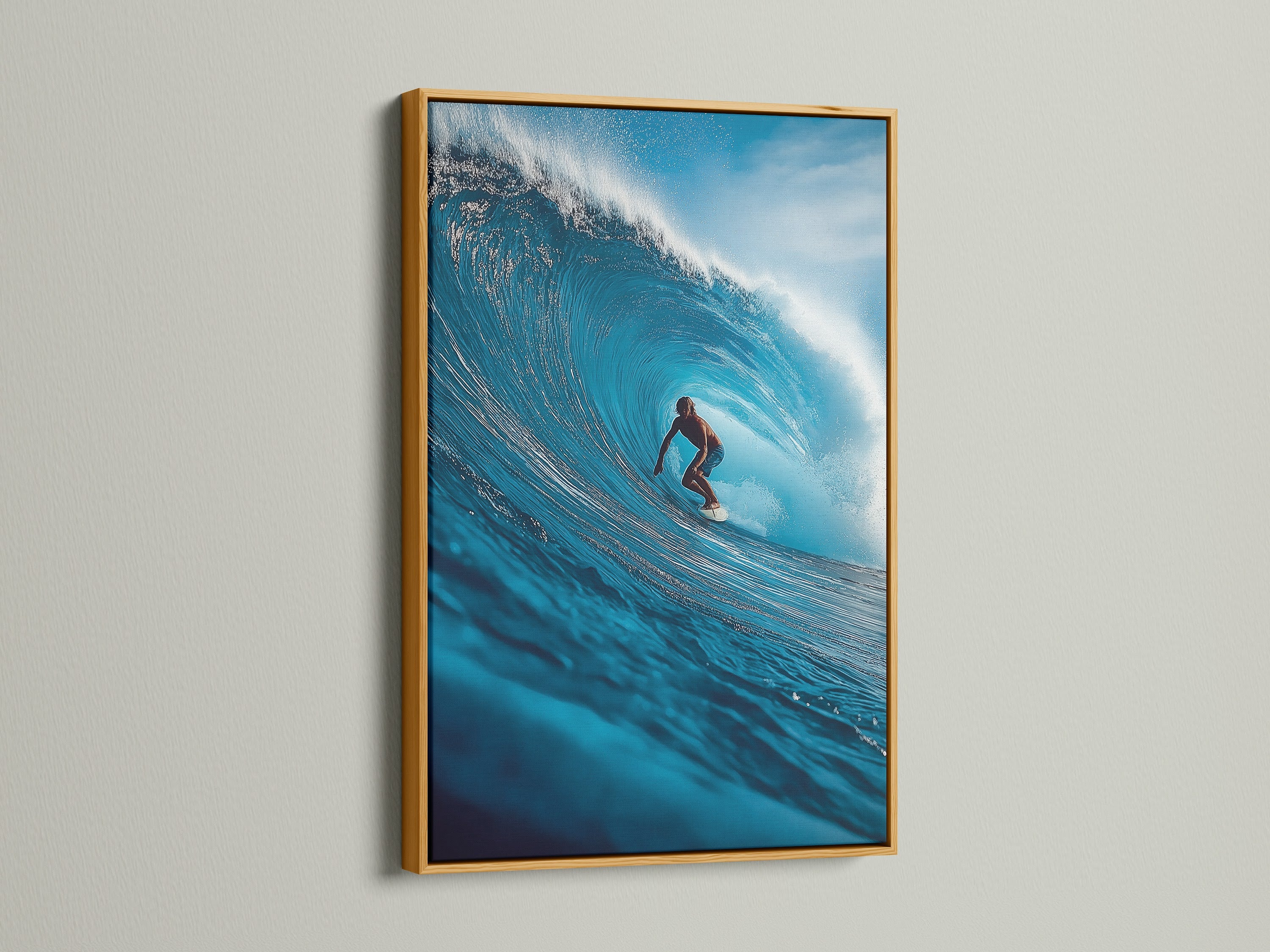 A surfer carves through a barrel wave in a gold frame. The gold frame gives the print a luxurious feel. Add a touch of elegance with this framed artwork. The gold frame enhances the ocean scene.