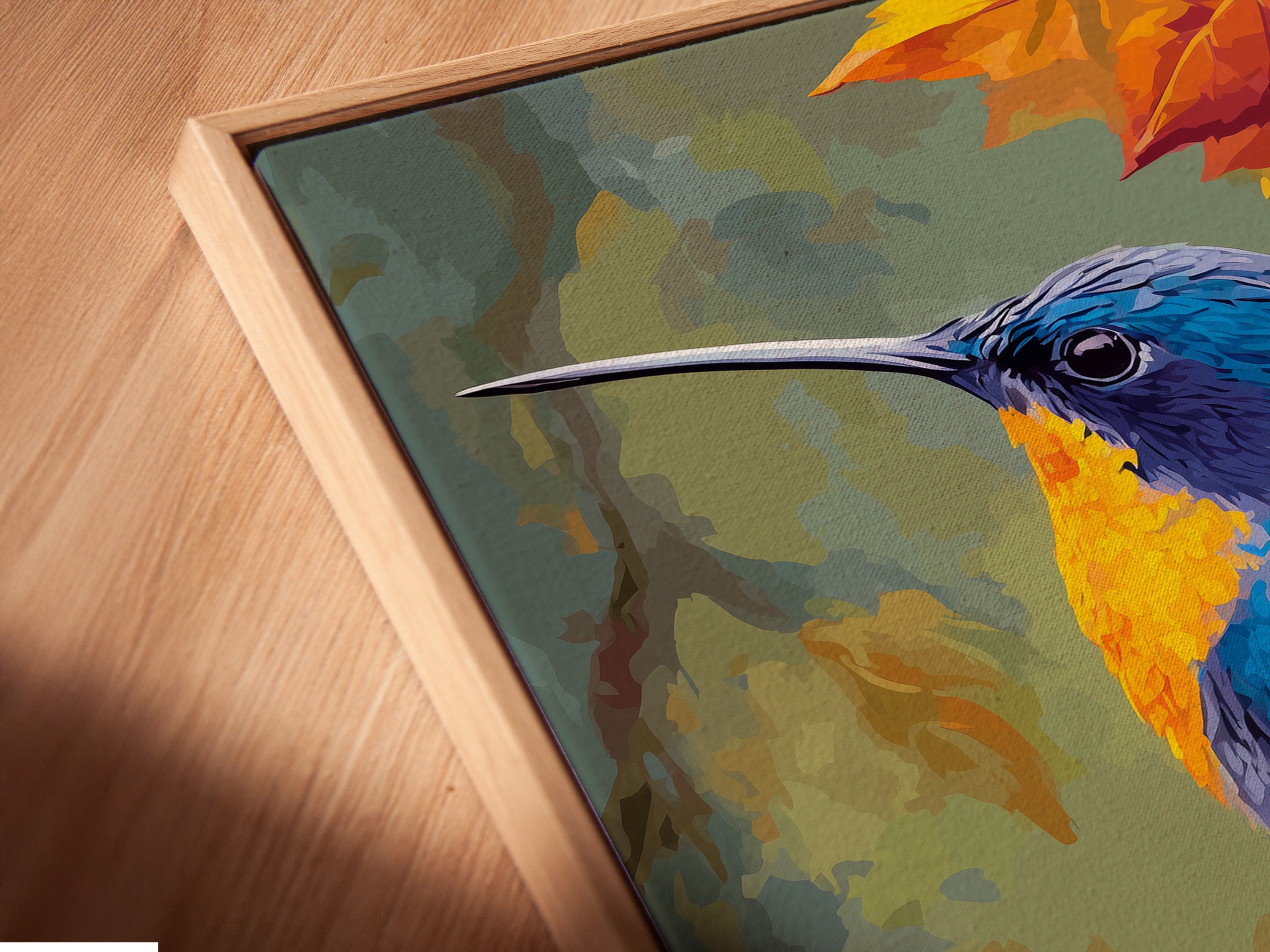 This is a close-up of a canvas print in a floating frame. The frame creates a sophisticated and modern look. It allows the artwork to appear as if it's floating within the frame. This creates a visually stunning display. Perfect for showcasing your favorite artwork in a unique way.