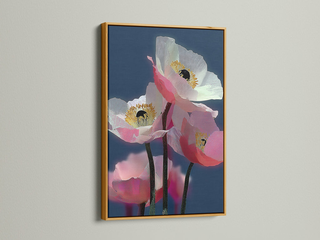 Framed pink poppy art is shown with a gold frame. The modern botanical art is a contemporary wall art piece. This floral canvas print is ideal for office wall art. The pink wall art adds a touch of sophistication. It is a stunning botanical artwork.