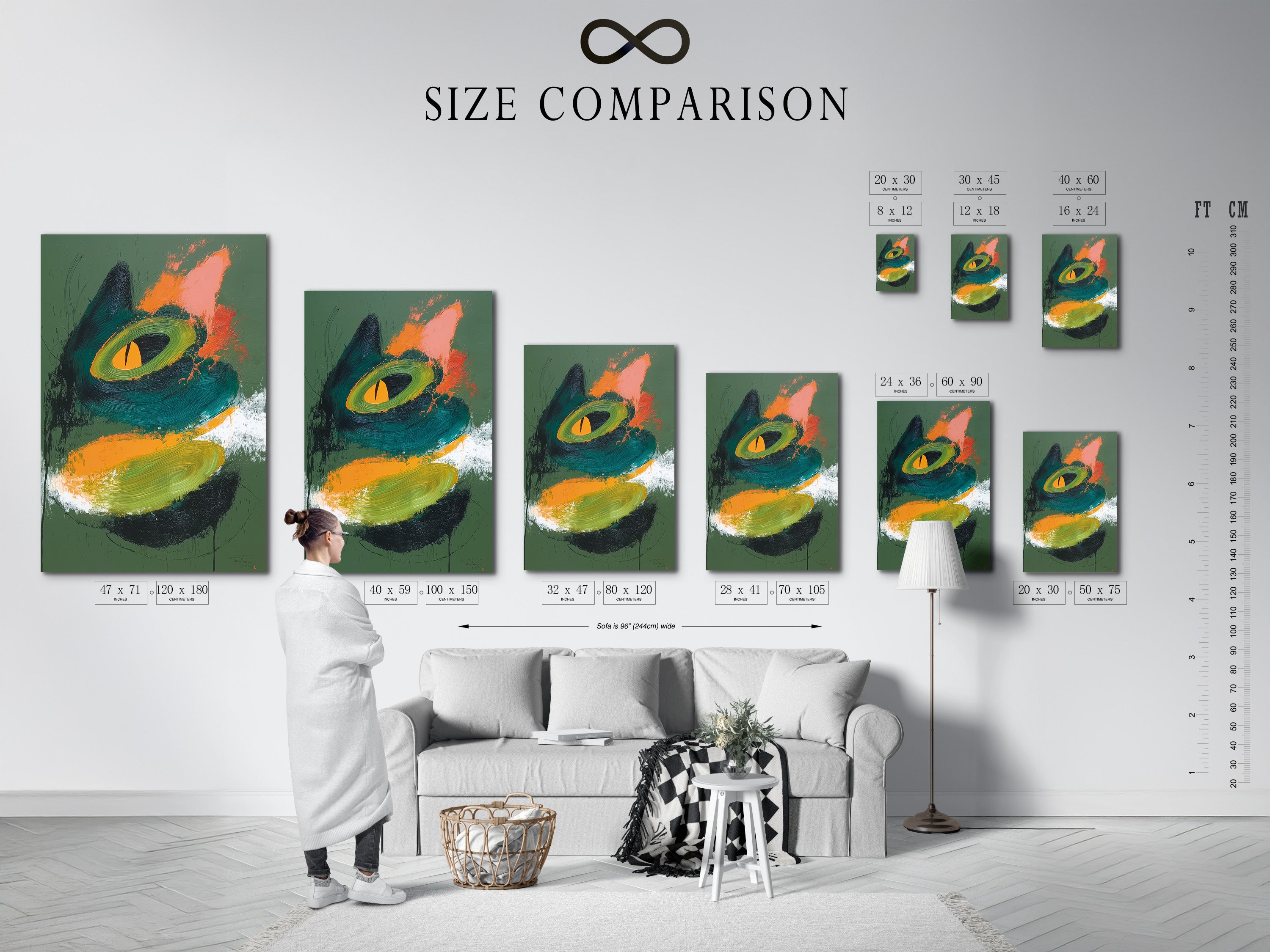 A size comparison chart in an interior setting. Helps visualize the different art sizes. See how each size fits in a real room. Make the perfect choice for your space. It ensures your art looks its best.