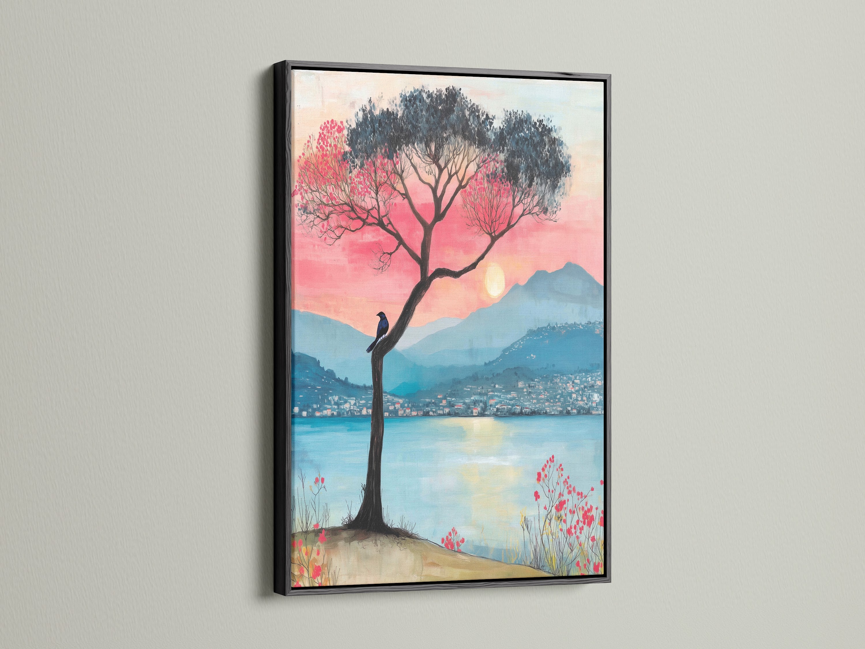 The black frame showcases a captivating lake sunset canvas print. Enjoy the serene mountain view art. The pink and teal nature print adds a modern touch. Transform your space with this scenic canvas today.