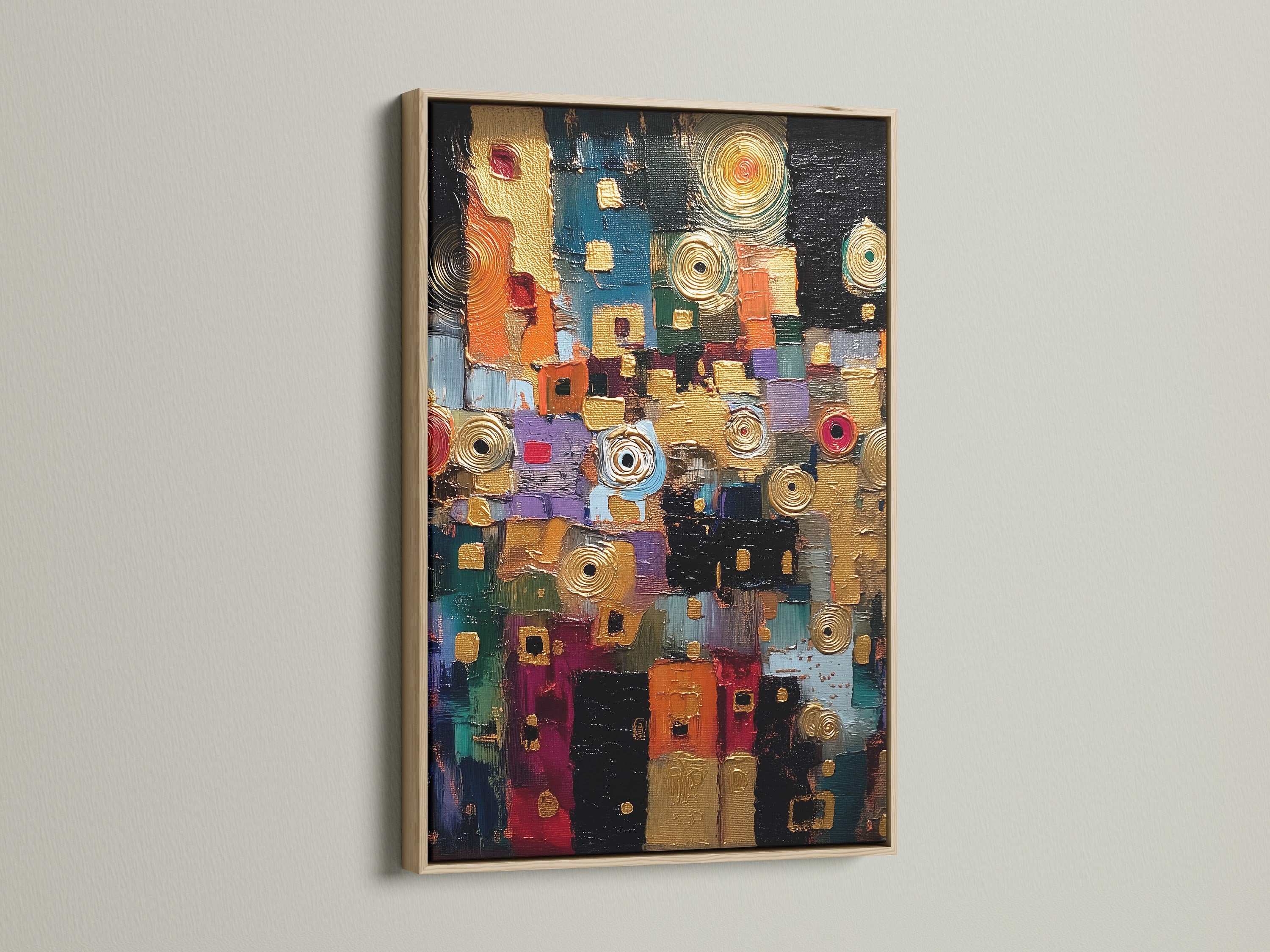 Abstract textured canvas art with an oak frame. The colorful modern wall art is a contemporary print. This mixed media artwork is ideal for office decor. The vibrant artwork adds style to living rooms boutiques and offices. It is a great choice for interior decorators.