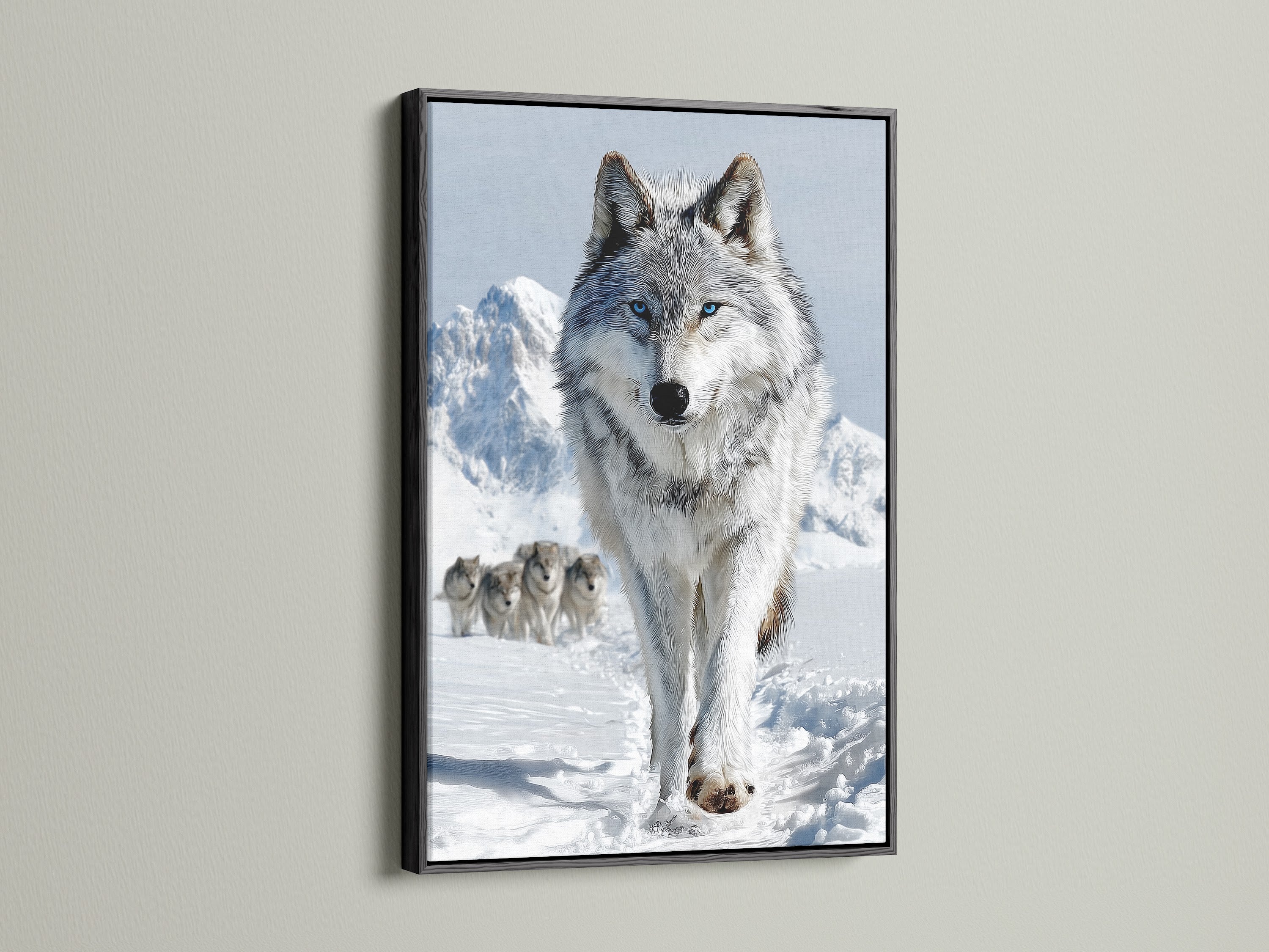 A captivating wolf print is showcased in a sleek black frame. This animal canvas adds a modern touch to your decor. It's perfect for cabin wall decor or any space needing a wildlife touch. Consider this wolf decor for your home.