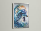 A dolphin artwork framed in a white frame is on display. The white frame offers a clean and modern look. This artwork brings marine life into your home. Perfect for any room. Order now