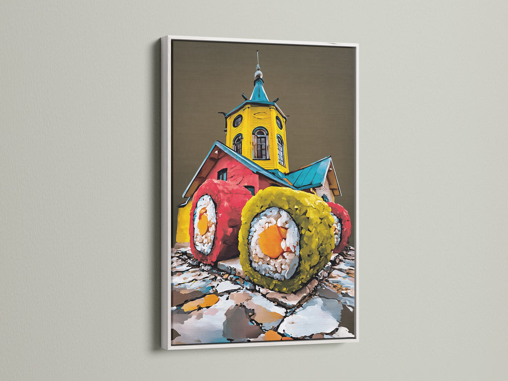 White frame highlighting a colorful sushi artwork. Ideal for adding a fresh modern touch to kitchens or dining rooms. This Japanese food art is perfect for restaurant decor and foodie gifts. A delightful piece of culinary art.