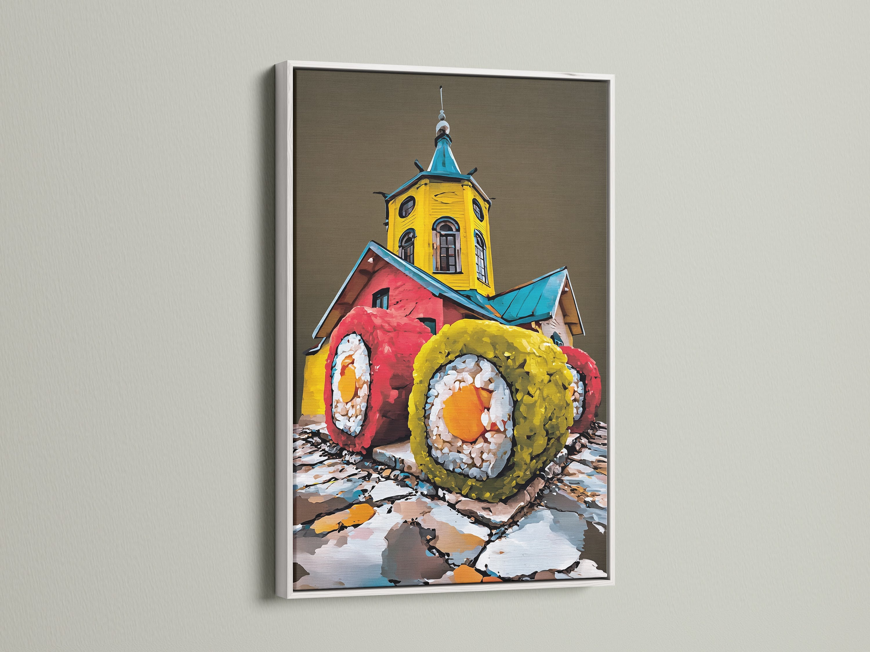 White frame highlighting a colorful sushi artwork. Ideal for adding a fresh modern touch to kitchens or dining rooms. This Japanese food art is perfect for restaurant decor and foodie gifts. A delightful piece of culinary art.