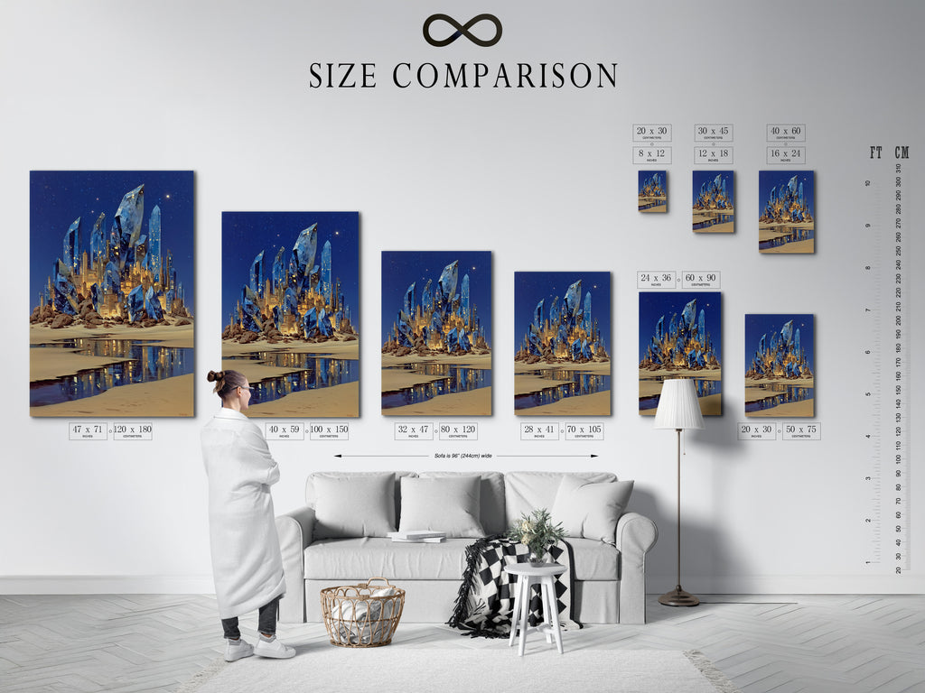 Size comparison chart displayed in an interior setting. See how the fantasy crystal castle art fits your space. This surreal blue crystal wall art enhances any room. The magical landscape canvas print is perfect for bedroom wall decor. Find your perfect size today