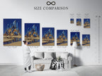 Size comparison chart displayed in an interior setting. See how the fantasy crystal castle art fits your space. This surreal blue crystal wall art enhances any room. The magical landscape canvas print is perfect for bedroom wall decor. Find your perfect size today