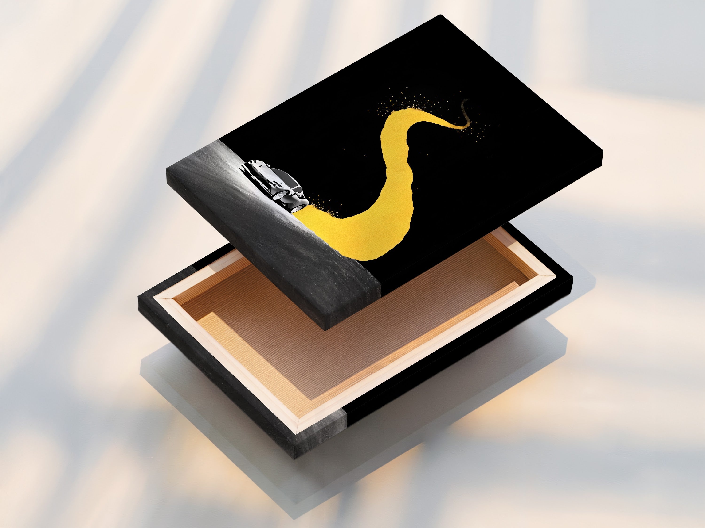 See a stretched canvas print of sports car art. The vibrant yellow road stands out. Perfect for garage wall decor or a man cave. This automotive canvas print adds a modern touch.