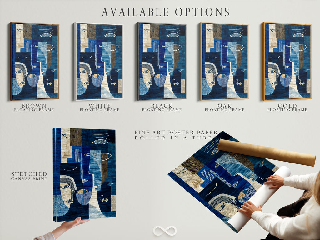 Explore available options including stretched canvas prints fine art poster paper and floating frames. Discover the perfect format for your abstract blue art. Enjoy modern geometric canvas wall art tailored to your style. Contemporary navy and cream artwork for any space