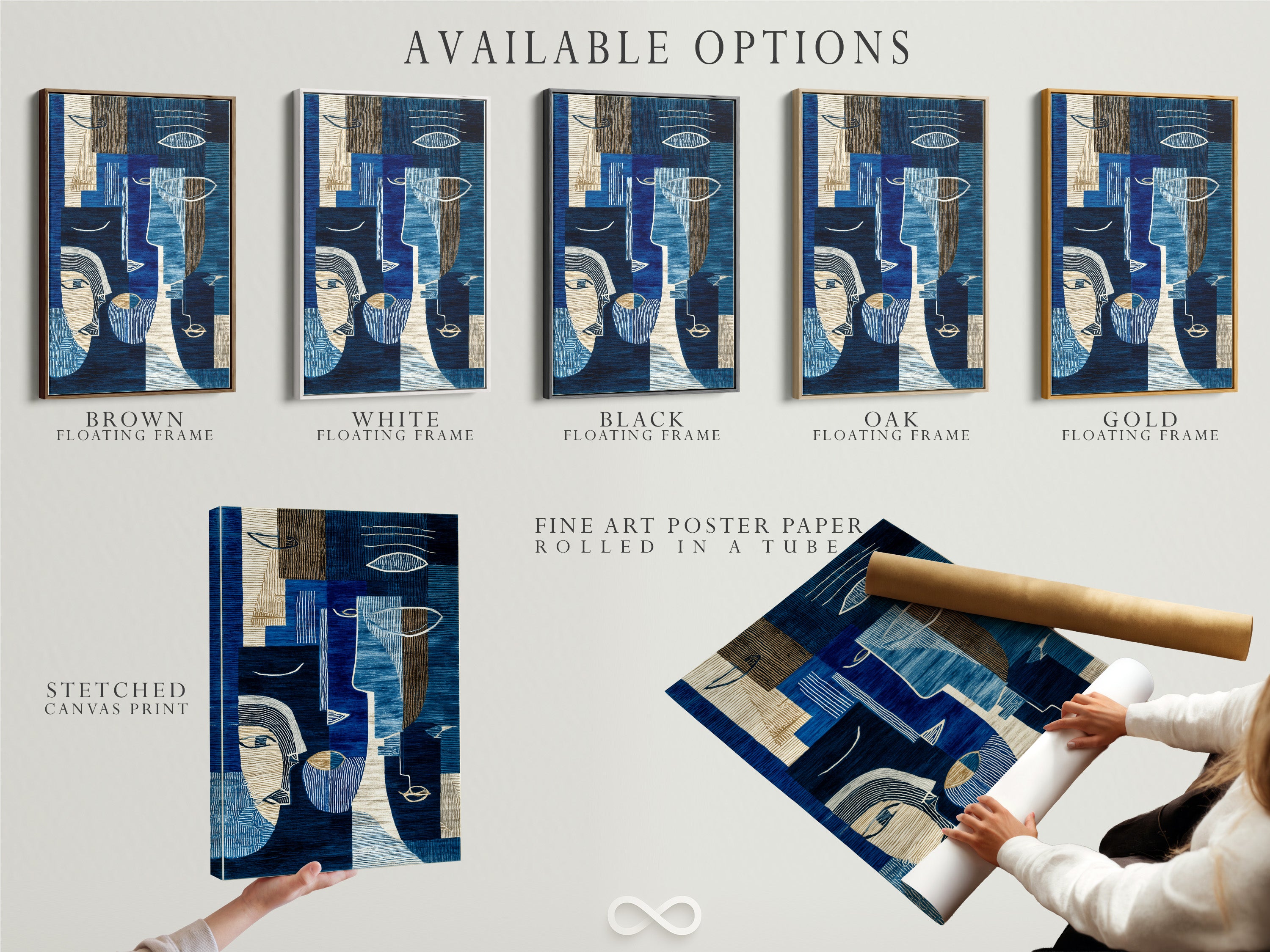 Explore available options including stretched canvas prints fine art poster paper and floating frames. Discover the perfect format for your abstract blue art. Enjoy modern geometric canvas wall art tailored to your style. Contemporary navy and cream artwork for any space