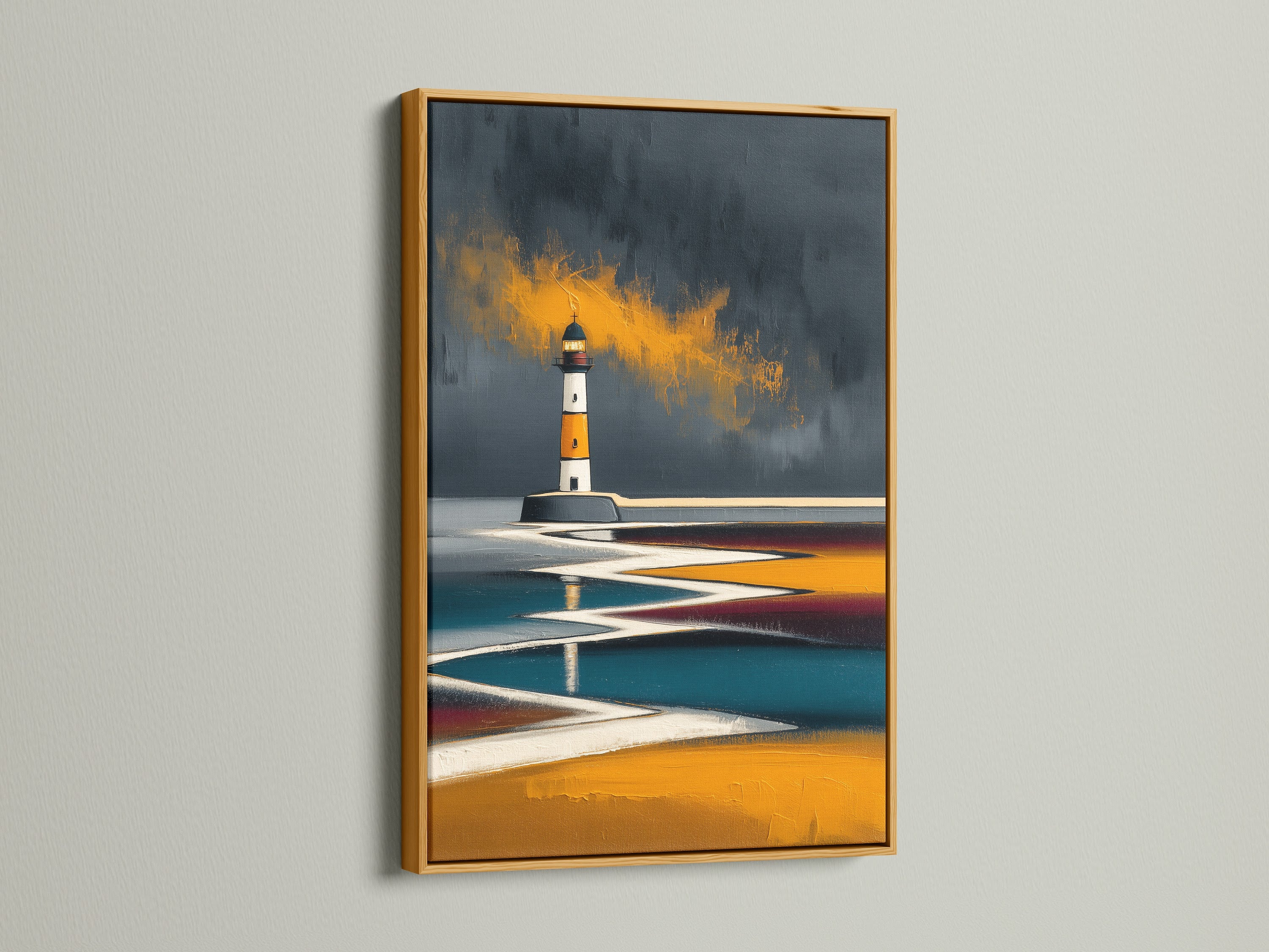 Lighthouse coastal art print in a gold frame. The gold frame enhances this abstract nautical artwork. It's perfect as modern wall art to elevate your space. The seascape canvas adds a touch of luxury. A stylish piece for any home or office.