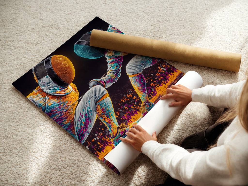 A woman carefully rolling a fine art poster paper of the Fencing Duel artwork. This highlights the care in handling the sport canvas print. Perfect for modern wall art collectors and art enthusiasts