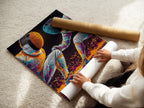 A woman carefully rolling a fine art poster paper of the Fencing Duel artwork. This highlights the care in handling the sport canvas print. Perfect for modern wall art collectors and art enthusiasts