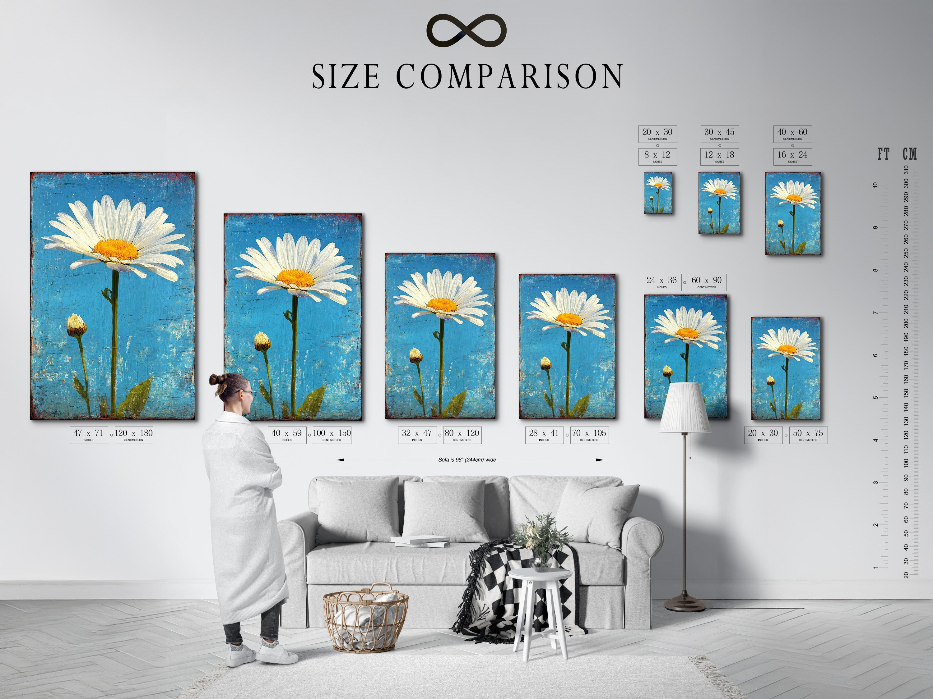 A size comparison chart displayed in a home interior setting. See how different art sizes fit in a room. Use this guide to choose the perfect artwork size for your space. Visualize art in your home before you buy.