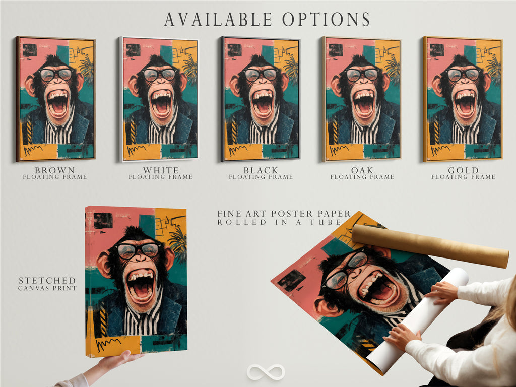 Explore the available options for your funny monkey artwork. Choose between a stretched canvas print and fine art poster paper. Consider a floating frame for a modern touch. Find the perfect style to showcase this pop art canvas. Enhance your quirky home decor with these options.