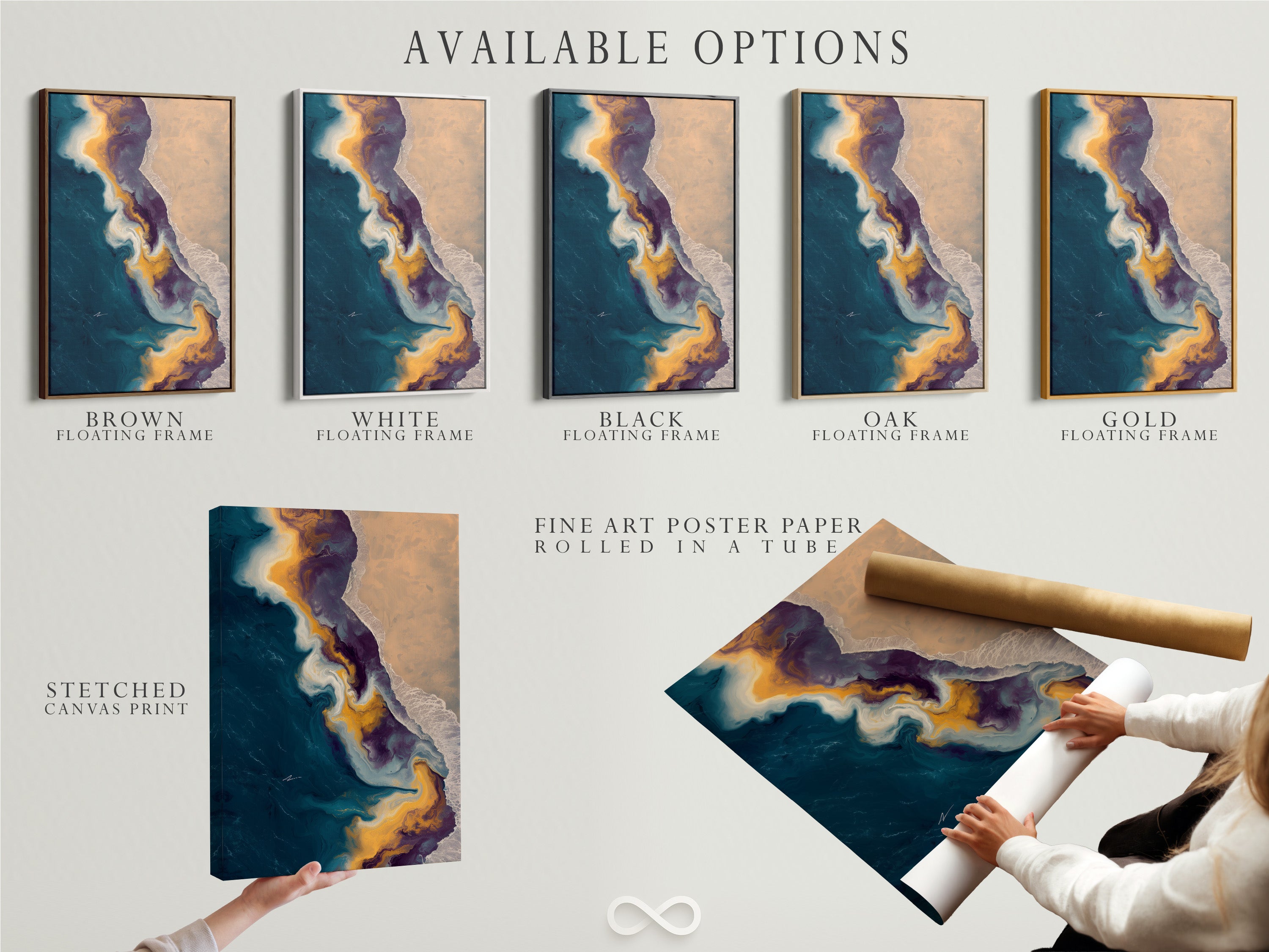 Explore available art options. Choose between a stretched canvas print fine art poster paper or a floating frame. Each option enhances the artwork in unique ways. Customize your art to fit your personal style. Discover the perfect presentation for your space.