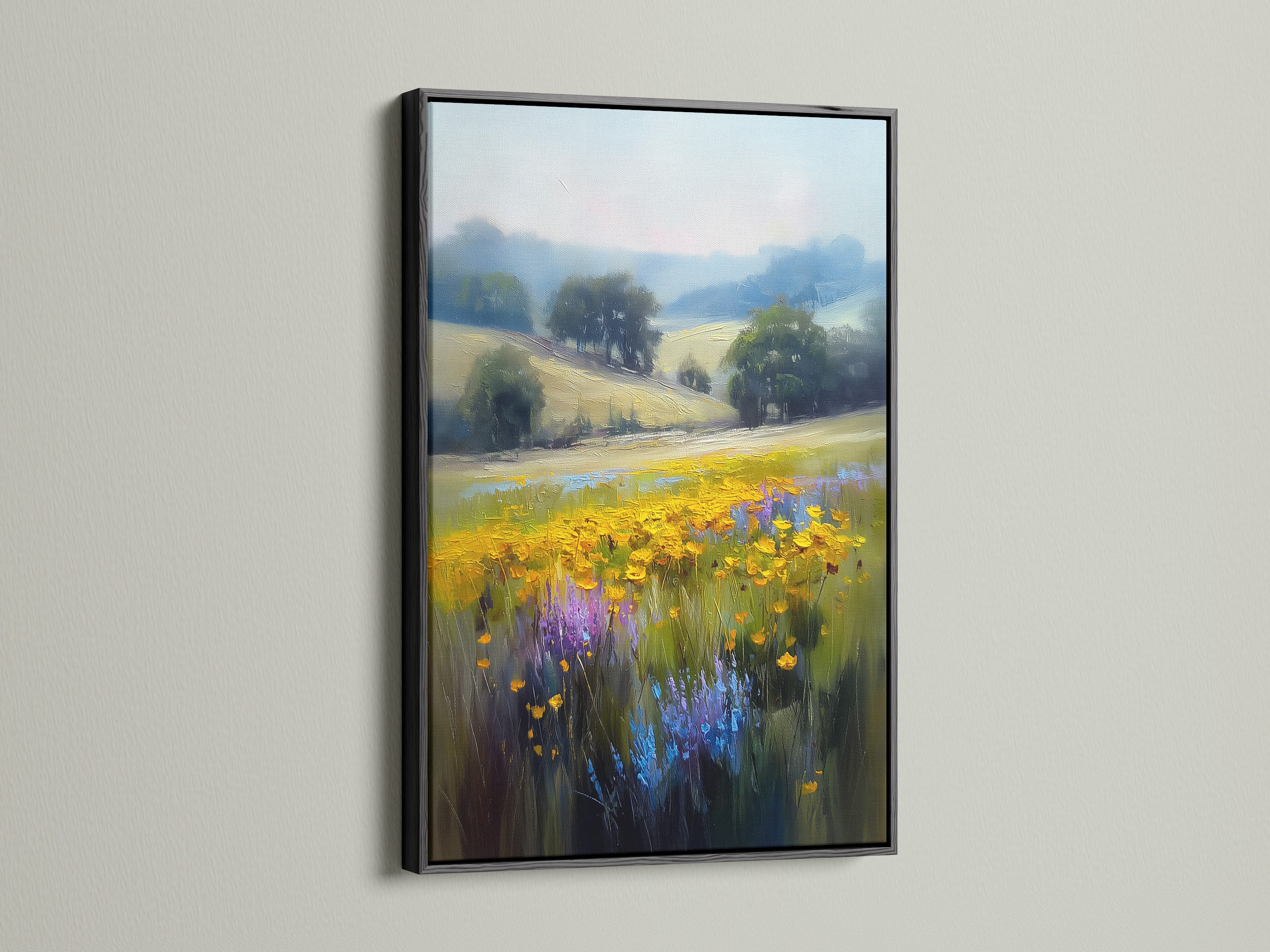 The wildflower meadow artwork is striking in a black frame. This piece provides a modern touch to the rustic landscape. It's an ideal choice for those seeking contrast in their art. The artwork brings a touch of country charm to any room. It is suitable for various interior styles.