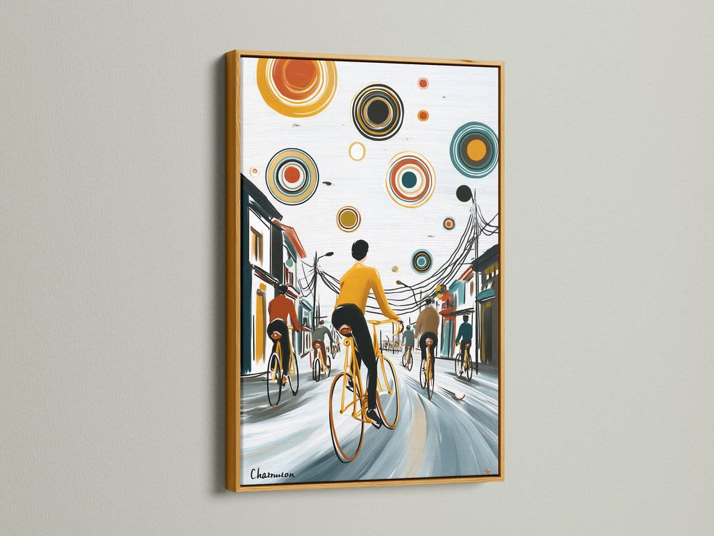 City Cyclists artwork is displayed in a gold frame. The cyclist painting brings a touch of elegance. The frame enhances the urban art. A stylish choice for bedroom wall decor or any space.
