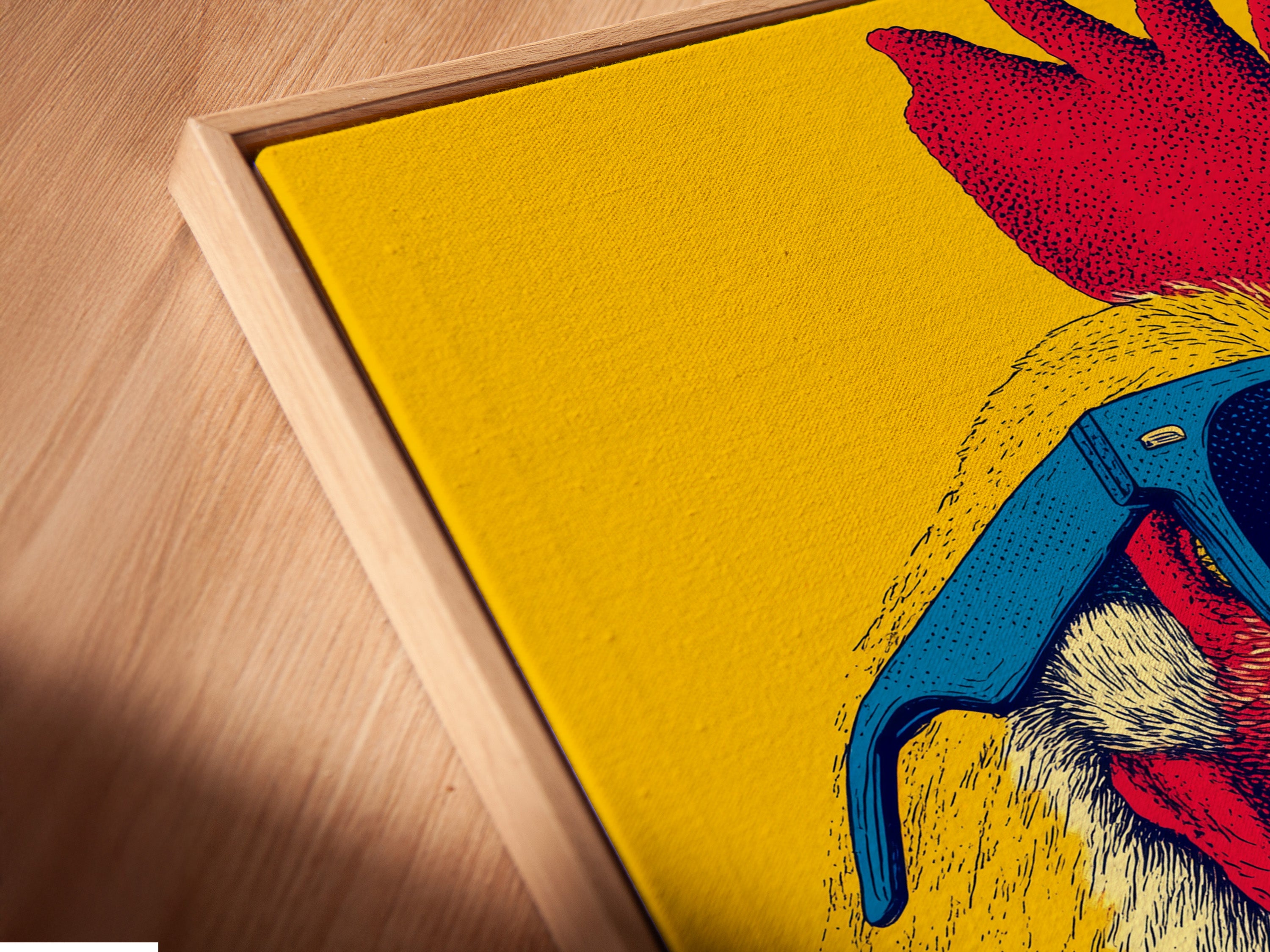 Close-up angled view of a canvas print in a floating frame. The floating frame gives the artwork a modern and elevated look. This framing style enhances the art. The floating frame separates the art from the wall. The effect creates a unique display.